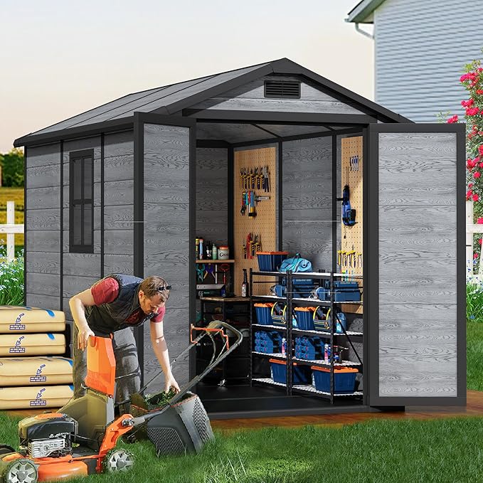 8.7x5.5 FT Resin Outdoor Storage Shed with Floor, Weather-Resistant Plastic Garden Shed with Windows, Lockable Door and Vents, Outside Tool Storage Sheds for Backyard, Garden, Lawn, Wood Grain