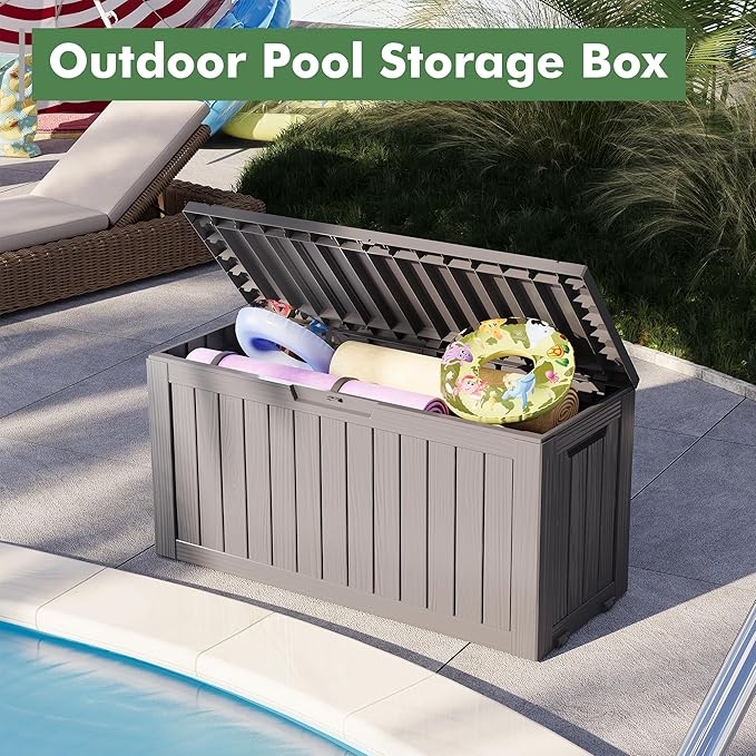 80 Gallon Deck Box Large Outdoor Storage Boxfor Patio Furniture,Outdoor Cushions, Garden Tools, Sports Equipment and Pool Supplies, Waterproof, Resin, Lockable