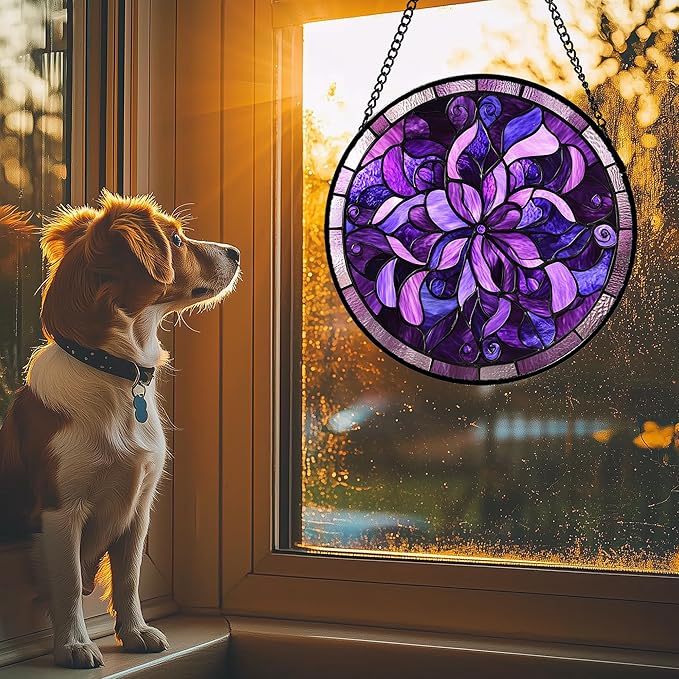 Stained Glass Window Hanging - Purple Abstract Flower Suncatcher for Door Garden Patio Sun Catchers Decor Christmas Mother's Day Birthday Gifts for Women Men Mom Nana Aunt Friend 6.3 in