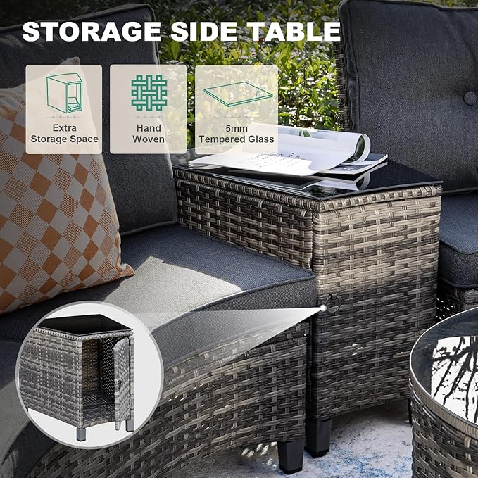 MEISSALIVVE 11 Piece Outdoor Patio Furniture Set, Half-Moon Curved Sectional Sofa Rattan Conversation Set with Wood Armrests, Coffee Table & 2 Side Table（Grey）