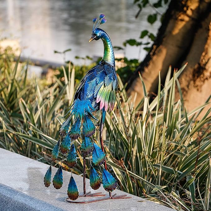 TERESA'S COLLECTIONS Garden Decor, Peacock Garden Decor, Elegant Peacock with Colorful Painting,18", Waterproof Metal Garden Statues, Peacock Gifts, Birthday Gifts for Women Mom