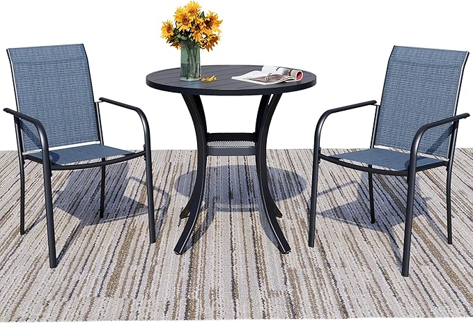 3 Pieces Round Dining Table Set for 2, Patio Dining Set Includes 2 Blue Stackable Patio Chairs and 27.6" Black Metal Round Table, Patio Furniture Sets with Sling Support for Outside, Garden