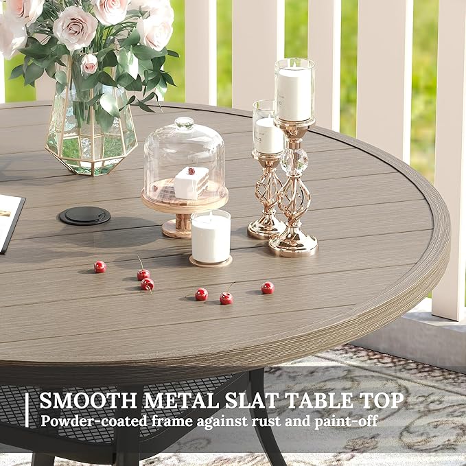 VICLLAX Patio Dining Set for 4, 5 Pieces Outdoor Furniture Includes 40.6" Round Patio Table with Umbrella Hole and 4 Outdoor Swivel Chairs for Lawn Garden, Grey Wood Grain Tabletop