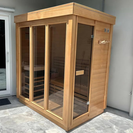 Outdoor Corner Steam Sauna, Canadian Hemlock Saunas 3-4 Person, 6KW ETL Toule Heater, 220V,Broad Bench, Glass Wall Sauna, Waterproof System, Asphalt Shingles,Right Door(0-195℉)