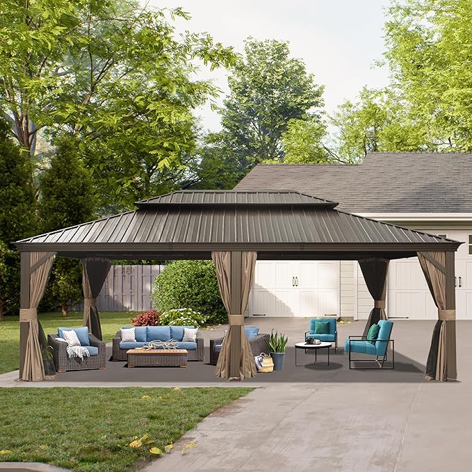 Domi 14' X 24' Hardtop Gazebo Large Outdoor Metal Gazebo Canopy with Galvanized Steel Double Roof, Aluminum Frame, Curtains and Netting for Patio, Deck, Garden, Brown