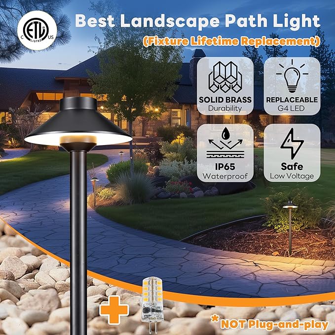 Gardenreet Brass Landscape Path Lights - 12V Low Voltage Pathway Light IP65 Waterproof, LED Outdoor Walkway Lighting Wired, Black for Patio Lawn with 3W 2700K Warm White G4 Replaceable Bulb (10 Pack)