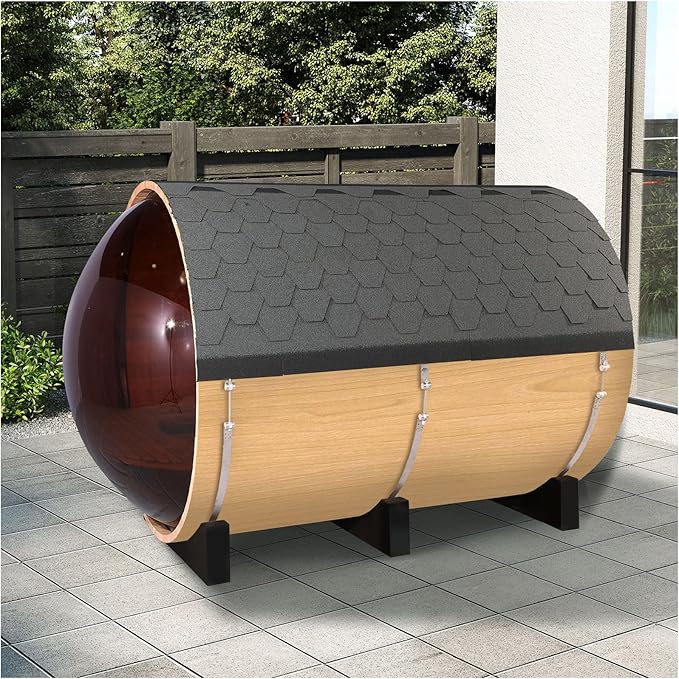 ZONEMEL Outdoor Barrel Steam Sauna with Panoramic View, Canadian Hemlock Wood Sauna for 4-6 Person, 6KW Heater, Rocks, 8mm Tempered Glass, Waterproof System, 220V