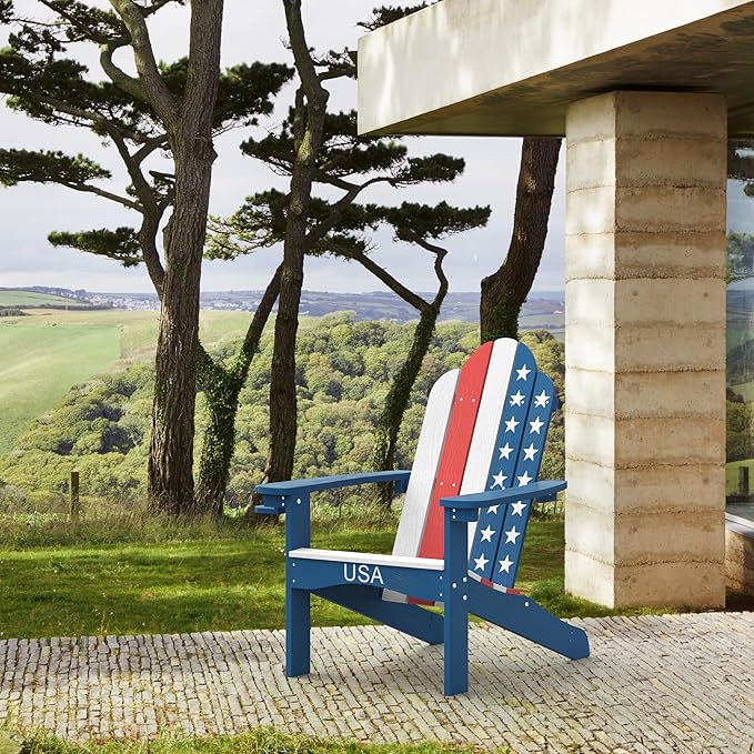 LUE BONA HDPS Adirondack Chairs Set of 8, Fire Pit Outdoor Chair Weather Resistant with Cup Holder, Modern Plastic Chair Plastic for Patio, Deck, Proch, 350LBS, Flag Blue