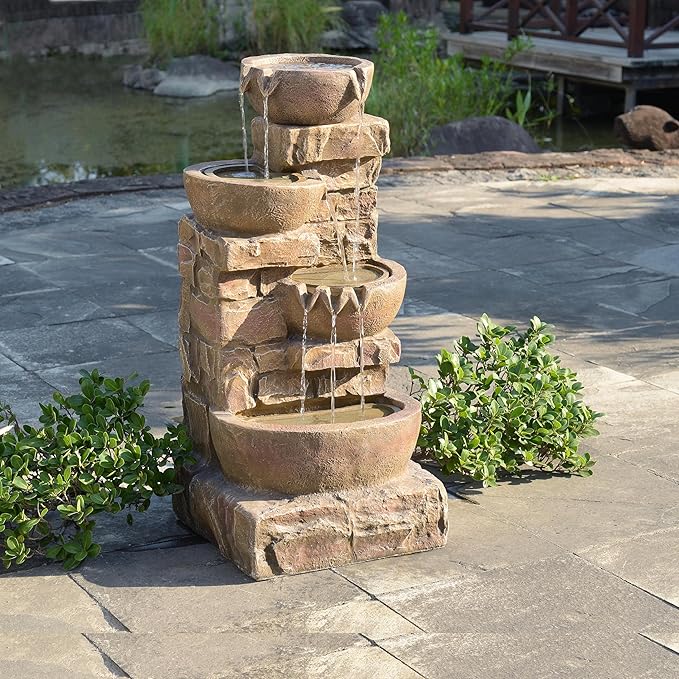 Teamson Home 33.27" Outdoor Freestanding Water Fountain with LED Lights, Cascading Bowls & Stacked Stones, Floor Fountain for Patio, Garden, Balcony, Lawn, Yard Decor, Brown Polyresin