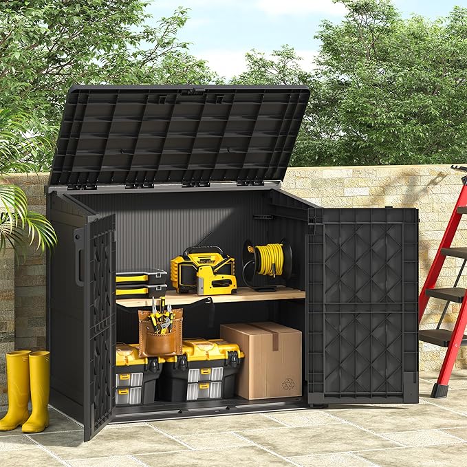 KAMABOKO Outdoor Storage Cabinet 36 Cu.Ft Outdoor Trash Can Storage Shed Waterproof Horizontal Storage Shed Outdoor Storage for Backyard, Patio, Poolside (Black)