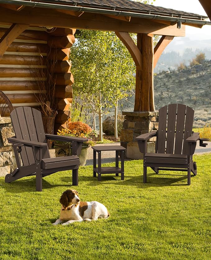 SERWALL Folding Adirondack Chair Set of 4, Adjustable Adirondack Chair with 3 Recline Positions, All Weather HDPE Outdoor Adirondack with Cup Holders, Coffee