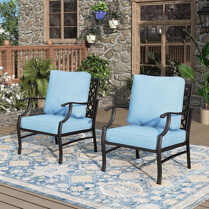 Patio Chairs Set of 2, High Back Outdoor Patio Metal Leg Chairs with 5.75" Thick Cushions for Bistro Balcony Porch Deck and Yard, Blue