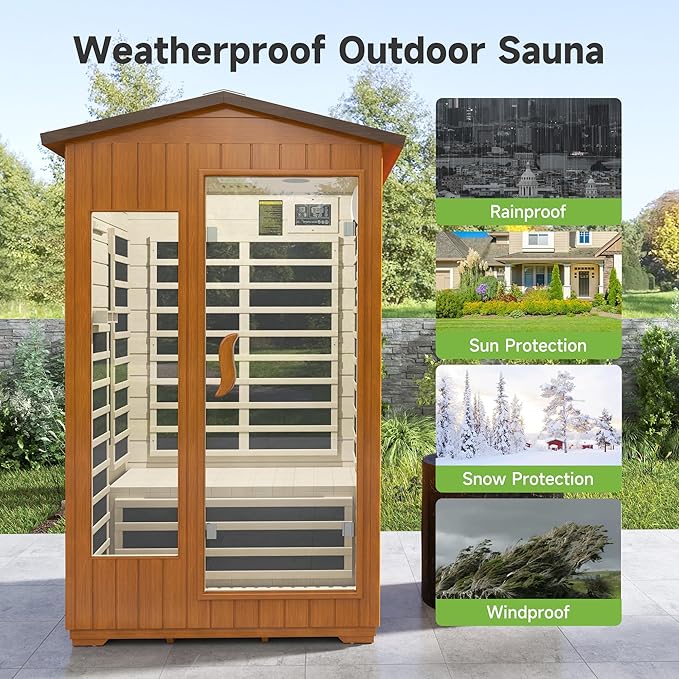springspa Outdoor Infrared Sauna 2 Person for Home, 15amp Low EMF Far Infrared Spruce Wooden Sauna at Home with Bluetooth,LCD Panel