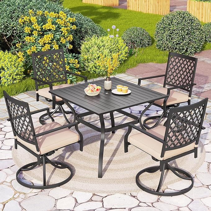 PHI VILLA 5-Piece Outdoor Dining Set, 4 Steel Metal Swivel Patio Chairs & 1 Square Dining Table, Black