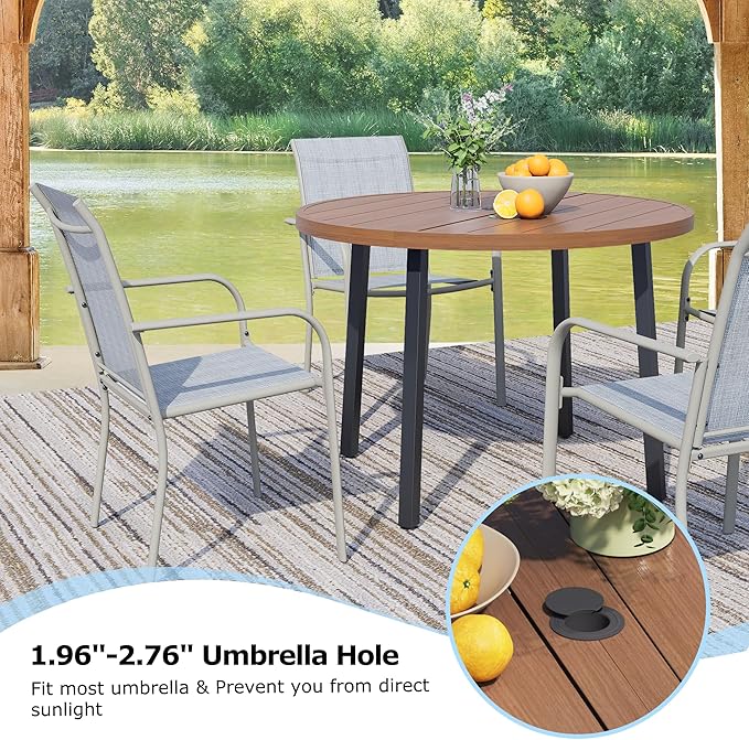 5 Pieces Round Dining Table Set for 4, Patio Dining Set Includes 4 Beige Blue Stackable Patio Chairs and 1 Walnut Round Table, Patio Furniture Sets with Sling Support for Outside, Garden