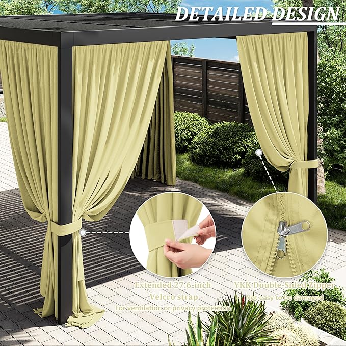 Gazebo Universal Replacement Privacy Curtain,12'×12' Gazebo Outdoor Waterproof Curtains, 4-Panels Sidewall Curtains with Double Zipper for Patio Canopy, Garden and Backyard (Curtain Only)