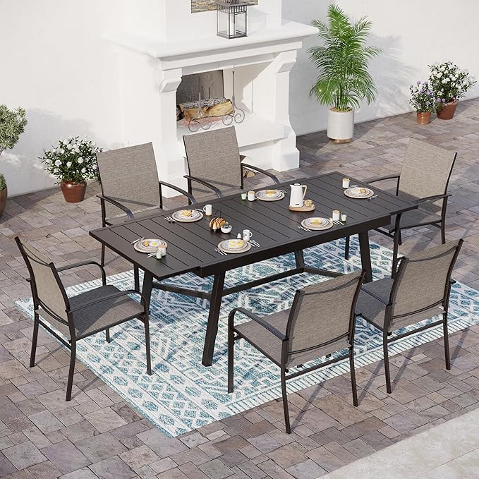 Outdoor Dining Chairs Brown Set of 6,61.4x37.4x29.5” Rectangular Dining Table（Extendable）,Patio Dining Set 7 PCS,Patio Dining Set for Outdoor Kitchen Lawn Garden,Bistro,Deck.