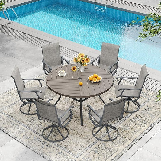 DIFY 7 Pieces Outdoor Patio Dining Set, 6 Grey Textilene Swivel Dining Chairs and 47.2" Grey Wood-Like Round Metal Dining Table, Outdoor Table and Chairs
