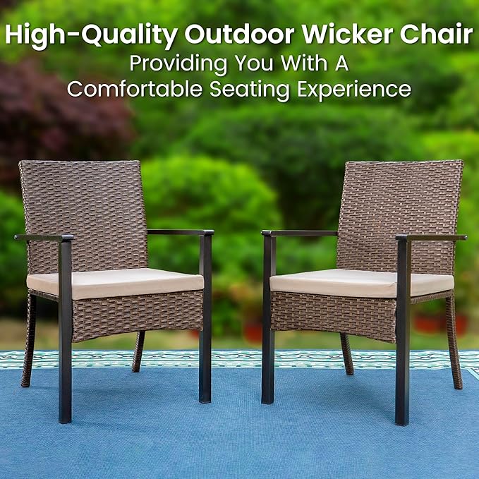 PHI VILLA 7 Pieces Patio Dining Set for 6, 65” Wood-Like Metal Steel Dining Table & Rattan Wicker Chairs with Cushions, Large Dining Furniture Set for Outdoor Deck, Yard, Porch
