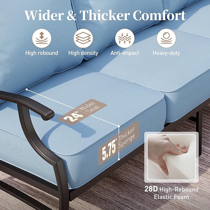 6 Piece Metal Outdoor Patio Furniture Set, Patio Conversation Sets 1 3-Seater Sofa, 2 Swivel Chair, 2 Leg Chair with 5.75" Thick Cushion and Coffee Table, Backyard Furniture Set, Blue