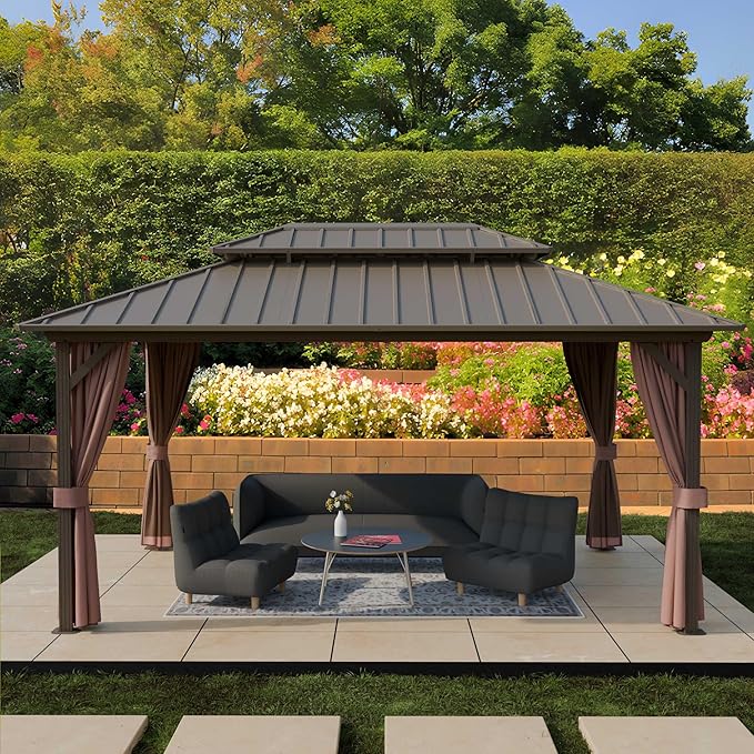 12'x16' Hardtop Gazebo, Outdoor Aluminum Frame Galvanized Steel Double Roof Pavilion with Netting and Shaded Curtains, Permanent Metal Pergolas for Patio, Backyard, Deck and Lawns.