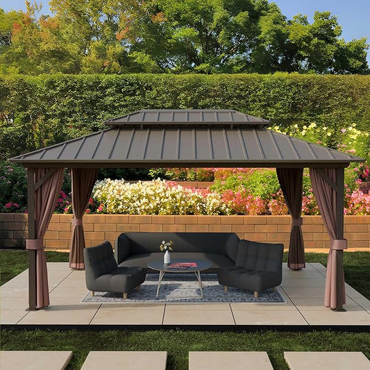 12'x16' Hardtop Gazebo, Outdoor Aluminum Frame Galvanized Steel Double Roof Pavilion with Netting and Shaded Curtains, Permanent Metal Pergolas for Patio, Backyard, Deck and Lawns.