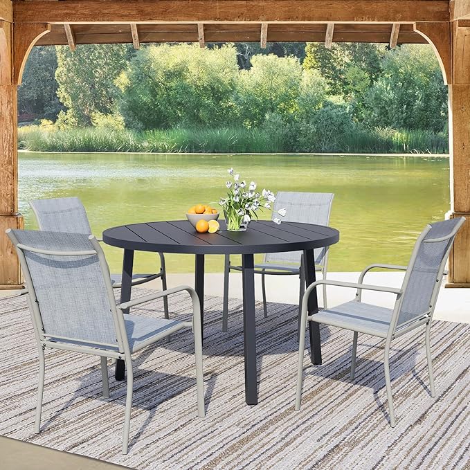 5 Pieces Round Dining Table Set for 4, Patio Dining Set Includes 4 Beige Blue Stackable Patio Chairs and 1 Black Round Table, Patio Furniture Setss with Sling Support for Outside, Garden