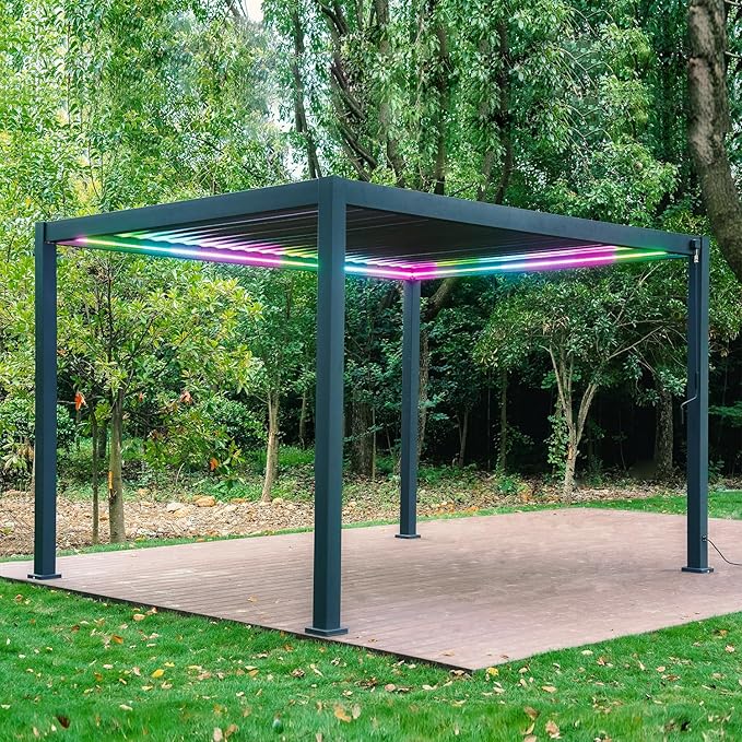 MIRADOR 111S LED Louvered Pergola Gazebo, 10Ft x 13Ft, Integrated LED Strip Lights, Full Aluminum Frame, Adjustable Roof, Outdoor, Durable, Charcoal