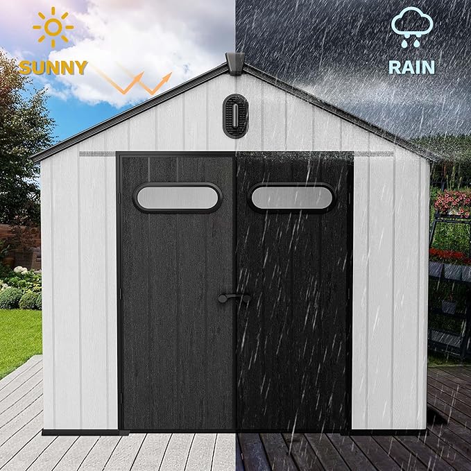 DWVO 8x10 FT Outdoor Storage Shed, 544 cuft Large Plastic Storage Shed with Floor & Lockable Door, Outside Tool Garden Shed with Windows & Vents for Patio Furniture, Lawn Mower, Bike, Black&Gray