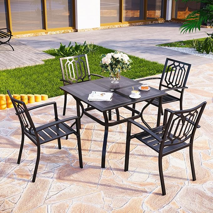 PHI VILLA Patio Dining Set 5 Pcs 1 Metal Square Garden Umbrella Table 37" and 4 Armrest Chairs Support 300 lbs for Ourdoor Backyard Bistro Furniture Set