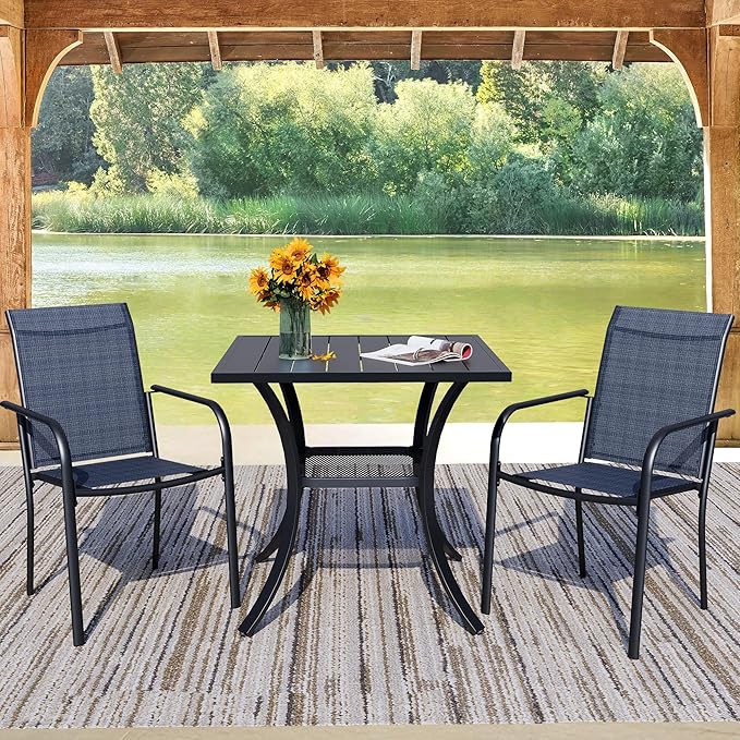 3 Pieces Round Dining Table Set for 2, Patio Dining Set Includes 2 Dark Blue Stackable Patio Chairs and 27.6" Black Metal Square Table, Patio Furniture Sets with Sling Support for Outside, Garden