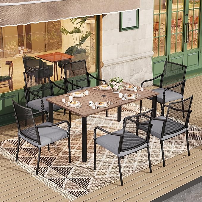 HERA'S HOUSE 7 Pieces Patio Dining Sets, Outdoor Table and Chairs Set, 6 x Dining Chairs with Rectangular Metal Table for Backyard Garden Lawn Restaurant