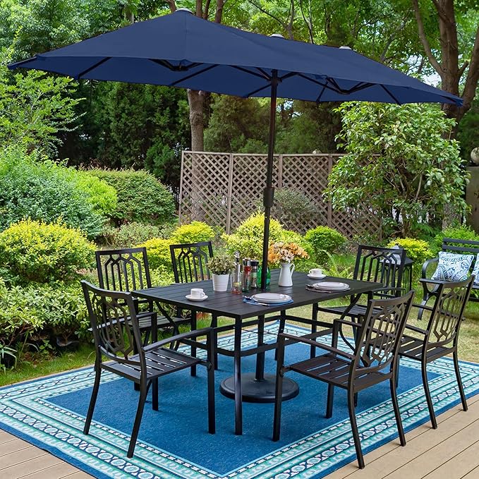 PHI VILLA Patio Dining Set 8 PCS with 13ft Double-Sided Patio Umbrella(Navy Blue)，Metal Outdoor Dining Set - 6 x Outdoor Stackable Chairs, 1 x 60"x38"Rectangle Dining Table and 1 Umbrella