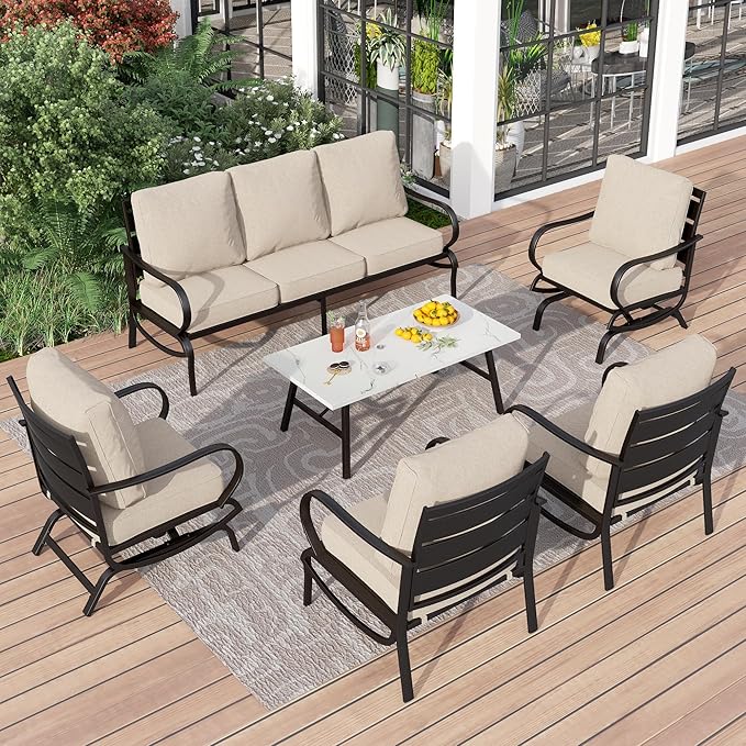 PHI VILLA 6 Piece Patio Furniture Sets with 1 x 3 Seater Padded Deep Seating Bench, 2 x C-Base Cushioned Sofa Chairs, 2 x Leg Sofa Chairs and 1 x Coffee Table, Outdoor Metal Furniture Set for 7