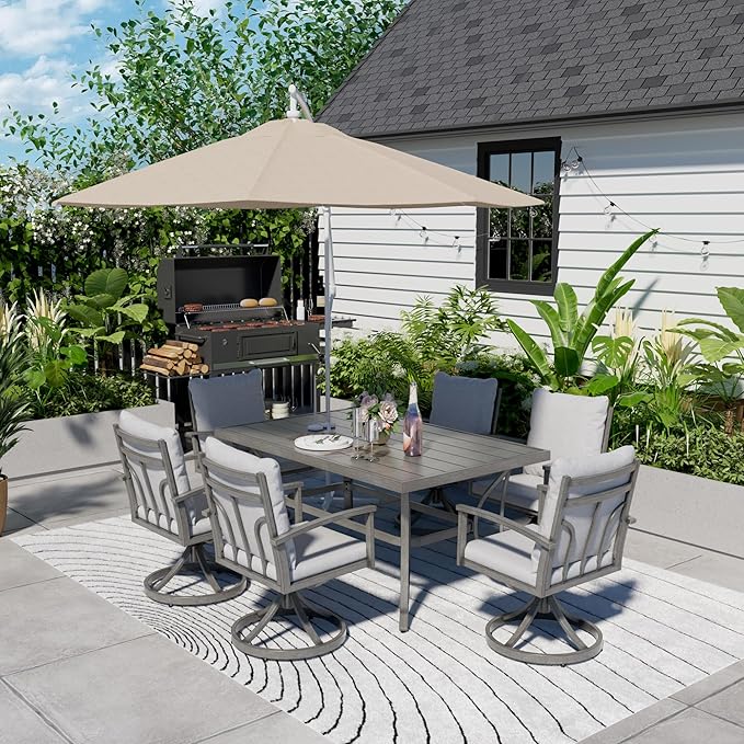 HAPPATIO 7-Piece Outdoor Dining Set - All Aluminum Patio Table and Chairs Set for 6 Includes 1 Rectangular Dining Table and 6 Swivel Dining Chairs with Cushions for Lawn, Garden, Backyard