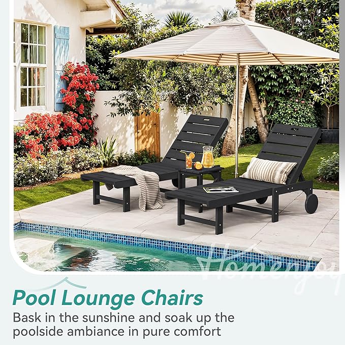 Outdoor Chaise Lounge Chairs Set of 2, 2-Piece, 26.8” Super Wide Lounge Chair Outdoor, HDPS Pool Chairs with 5 Positions, Patio Lounge Chair with Wheels for Pool,Lawn,Backyard, Black