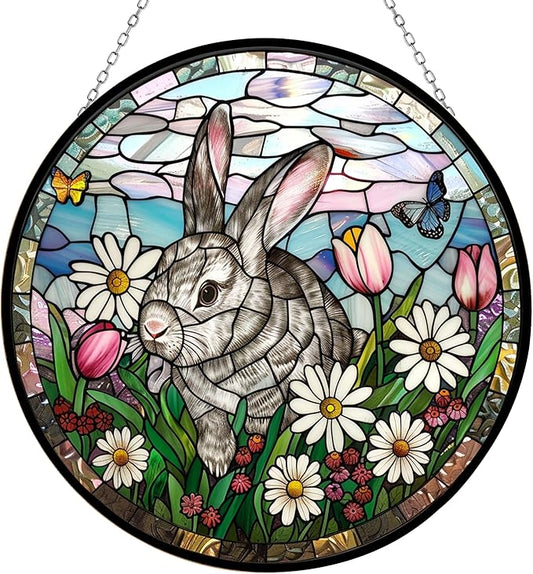 Bunny Stained Glass Suncatcher Four Season Theme Colorful Leaves Window Wall Hanging Ornament Hand-Painted Glass Panel Decor Gift for Women Christmas Thanksgiving Gift 6.3"