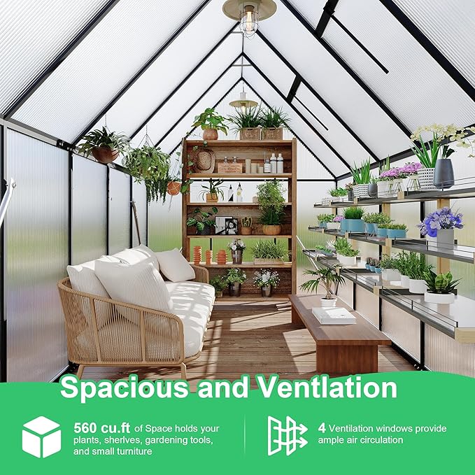 6 ft x9 ft Aluminum-Framed Polycarbonate Greenhouse, Heavy Duty Polycarbonate Greenhouse with Quick Setup Structure and Roof Vent, Large Enhanced Aluminum Green House Kit for Outdoors