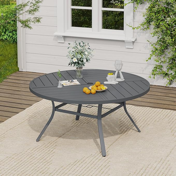 VICLLAX Outdoor Patio Round Dining Table, 54"x 54" Spliced Metal Tabletop for Deck Lawn Garden Backyard, Dark Grey