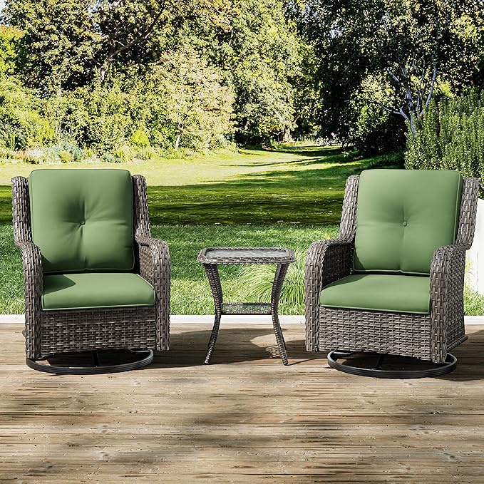 Joyside Outdoor Swivel Rocker Patio Chairs Set of 2 and Matching Side Table - 3 Piece Wicker Patio Bistro Set with Premium Fabric Cushions(Mixed Grey/Green)