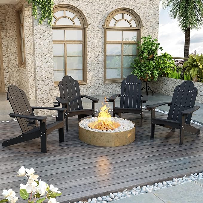 LUE BONA HDPS Adirondack Chairs Set of 4, Fire Pit Outdoor Chair Weather Resistant with Cup Holder, Modern Plastic Chair Plastic for Patio, Deck, Proch, Hotel, Resort, 350LBS, Black