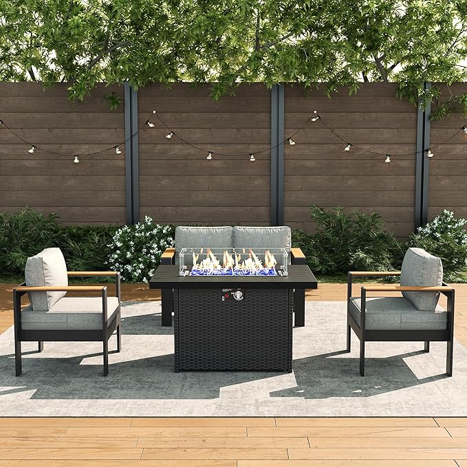 LayinSun 4 Piece Aluminum Outdoor Furniture Set with Fire Pit Table, Outside Patio Deep Seating Conversation Set with Upgraded Washable Thick Cushion