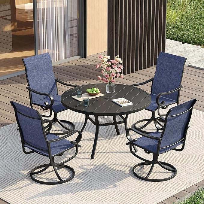 VICLLAX Swivel Patio Chairs Set of 2, 360-degree All-Weather Outdoor Swivel Chairs for Lawn Garden, Patio Dining Chairs, Black Metal Frame and Blue Textilene Mesh Fabric