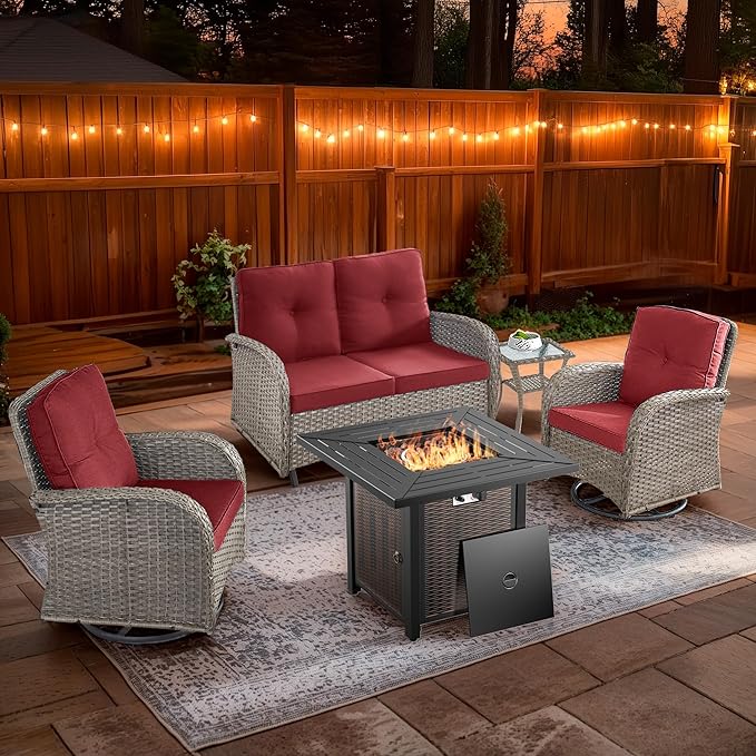 5 Piece Patio Furniture Set with Fire Pit Table - Wicker Patio Conversation Set with Swivel Glider, Glider Loveseat, Tempered Glass Side Table for Deck Backyard - Grey Wicker Red Cushion