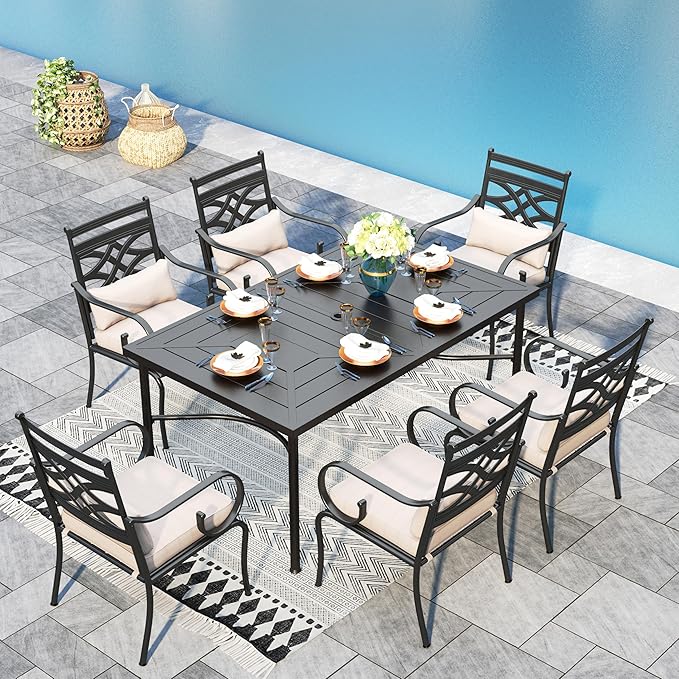 Sophia & William Outdoor Patio Dining Set for 6, Outdoor Table and Chairs, Removable Seat Cushions, 6 Patio Dining Chairs, 64" Black Patio Dining Table