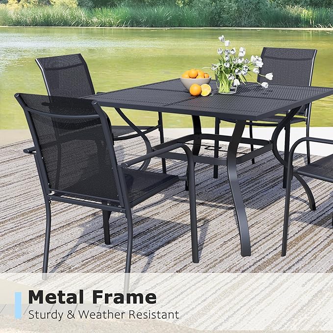 5 Pieces Sqaure Dining Table Set for 4, Patio Dining Set Includes 4 Black Stackable Patio Chairs and 1 Black Mesh Square Table, Patio Furniture Sets with Sling Support for Outside, Garden
