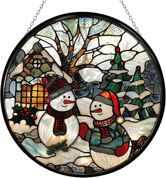 Christmas Snowman Stained Glass Sun Catcher Mountain Stained Glass Window Hanging, Suncatchers Lavender Wall Decor, for Women/Friends/Lover