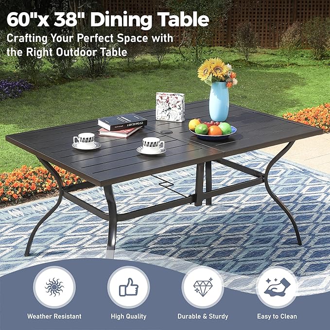 7 Piece Patio Dining Set for 6, Rectangular Metal Table with Umbrella Hole, 6 Brown Dining Chairs, Outdoor Table and Chairs Set for Lawn Backyard and Deck