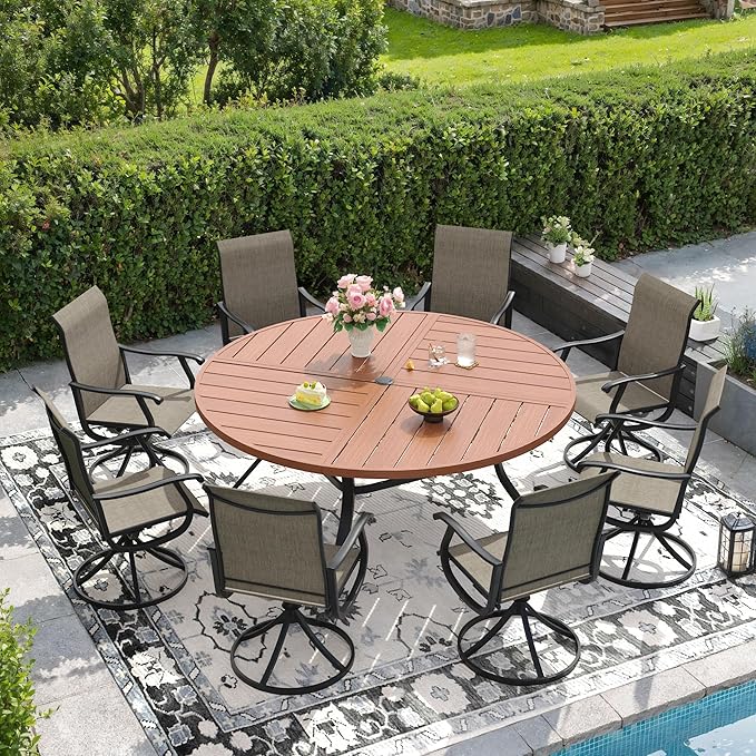 DIFY 9 Pieces Outdoor Patio Dining Set, 8 Brown Textilene Swivel Dining Chairs and 59.8" Walnut Round Metal Dining Table, Outdoor Table and Chairs