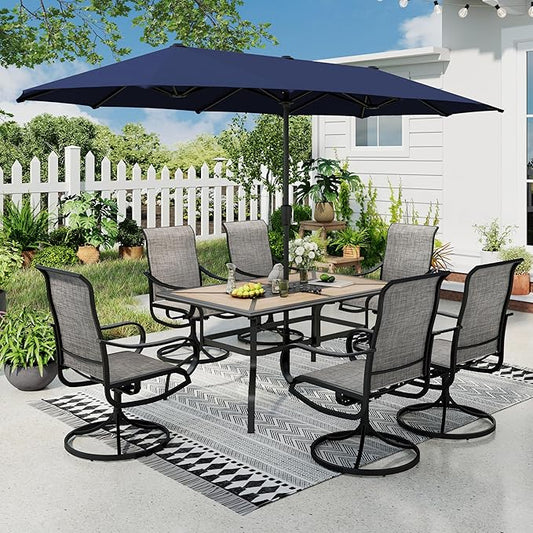 Sophia & William Patio Set with Umbrella Patio Dining Set for 6 with 13ft Rectangle Patio Umbrella Navy, 6 x Patio Chairs Brown, 1 Wood Like Outdoor Dining Table with Umbrella Hole for Lawn Garden
